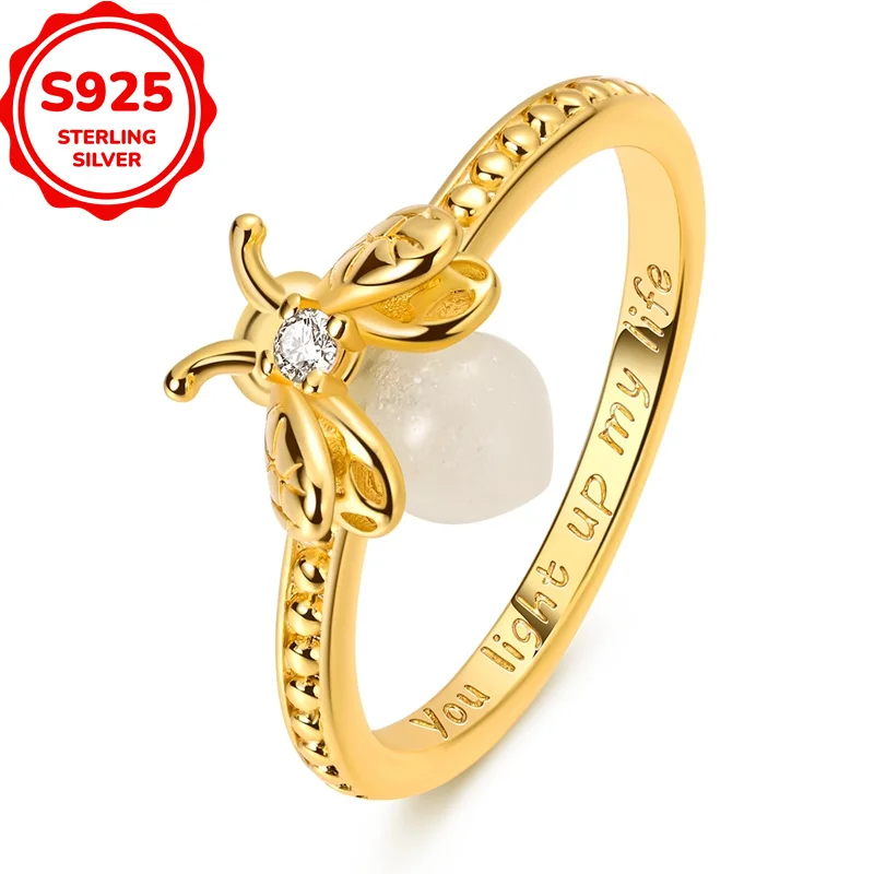 925 Sterling Silver Gold Luminous Firefly Ring Jewelry Open Design Wedding Party Fashion Gift