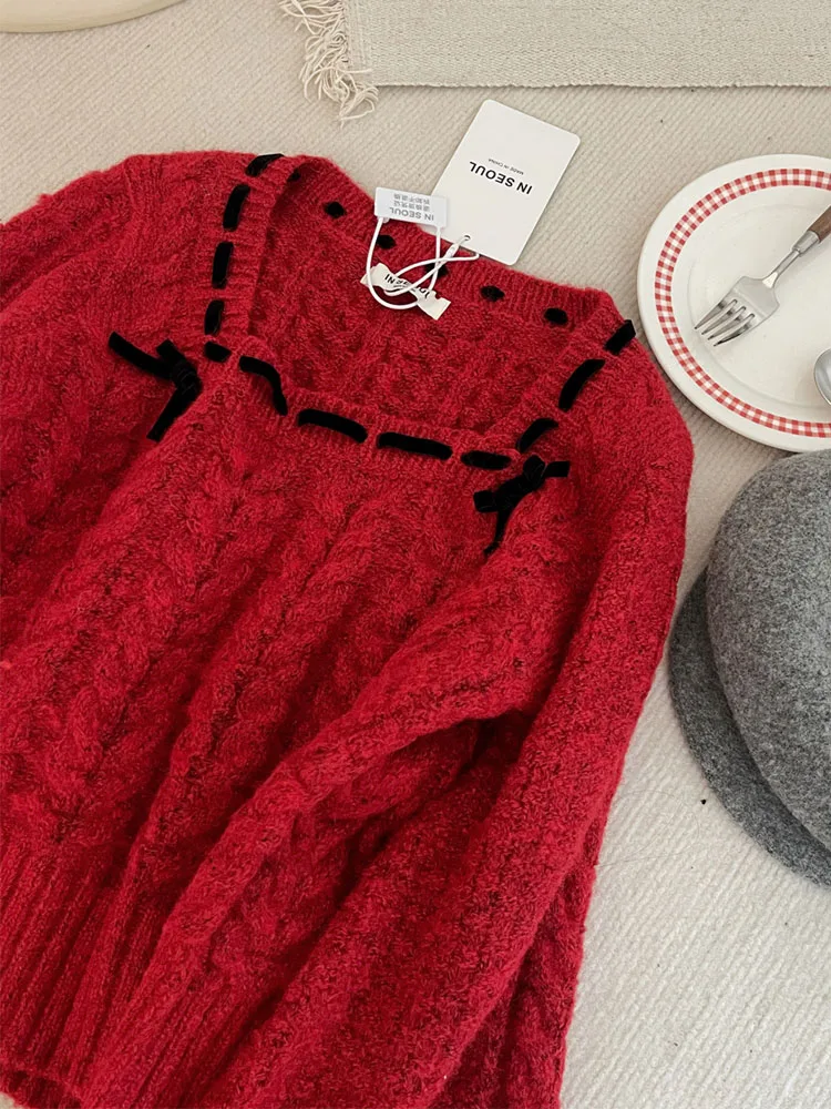 Harajuku Red Knitted Pullovers Women Long Sleeve Autumn Winter Square Collar Bow Sweater Korean Tide Sweet Oversized Christmas