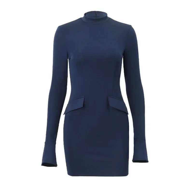 Elegant Dark Blue Solid High Waist Mini Dress Women Fashion with Pocket Long Sleeve Bodycon Dresses 2023 Chic Party Club Robes