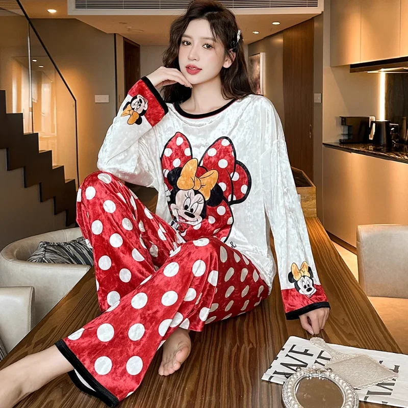 Disney Mickey Mouse Ice Silk Women\'s Pajamas Loose Crew Neck Long Sleeve Two-piece Casual Two-piece Pajamas Homewear Set