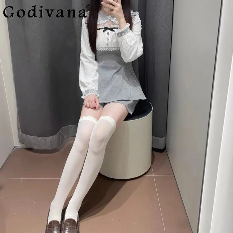 

Sweet Lace Peter Pan Collar Temperament Plaid Slim Cute Bow Dress Spring Autumn Age Reduction Versatile Long Sleeve Dress Sets