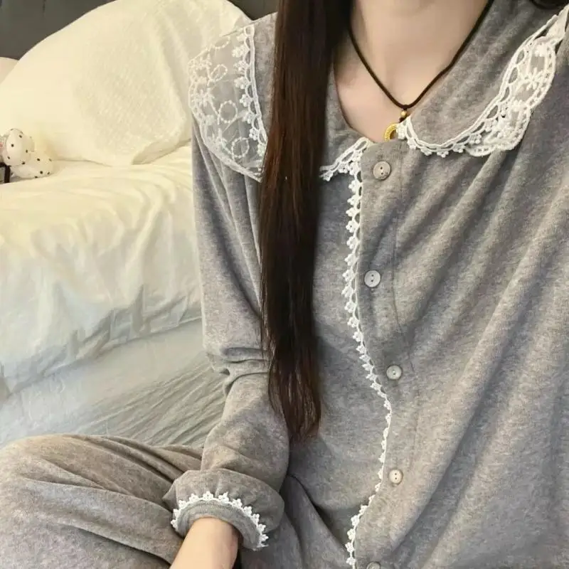 Women Lace Doll Collar Pajama Set Pearl Button Long Sleeve Wide Leg Pants Sweet Casual Loungewear All Season Sleepwear