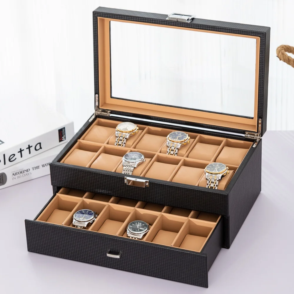 New 24 Slots Watch Storage Box Double Layer PU Leather Watch Organizer (34×21×15cm) with Glass Cover Lockable Watch Display Case