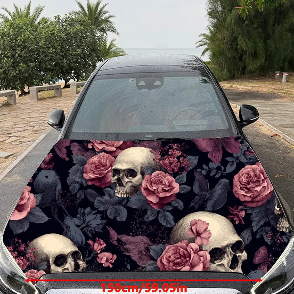 Dark Botanical Skull & Rose Car Hood Sticker,Waterproof Self-Adhesive Vinyl Graphics Decals,Decorative Auto Accessories Stickers