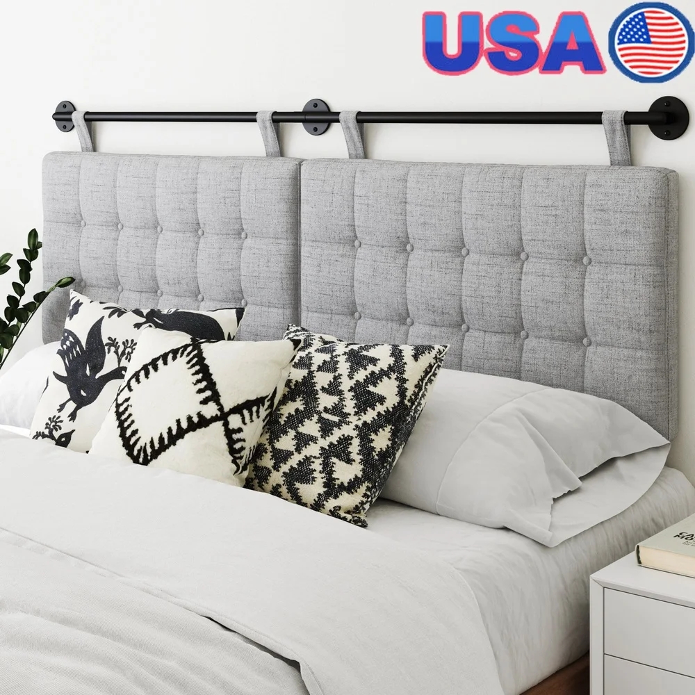 

Adjustable Button Tufted King Wall Mount Headboard with Light Grey Upholstery Easy Assembly Modern Design Bedroom Dining Entry