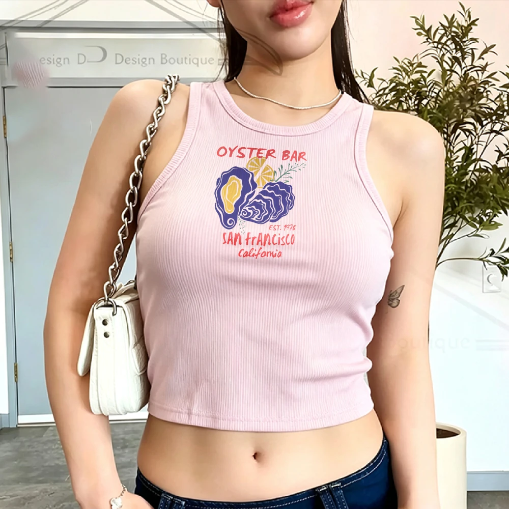 Vintage Graphic Tee Ribbed Cropped Fitted Tank Top Oyster Bar San Francisco Est 1978 California Coastal Shirt Y2k Women Clothing