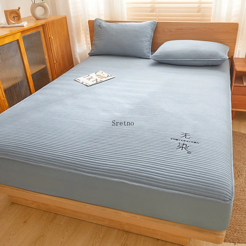 SRETNO Pure Cotton Fitted Sheet Thicked Mattress Protector Covers 30cm High with 2 Pillowcases Bed Cover Queen Size Mattress Pad