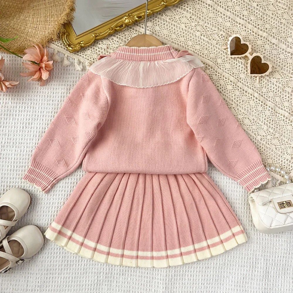 Herbst- und Winter-Set für süße Babymädchen: Gestrickter Pullover, modische Kinderkleidung, zweiteiliges Set für Mädchen, grünes langärmeliges Oberteil + Faltenrock – Detail 15
