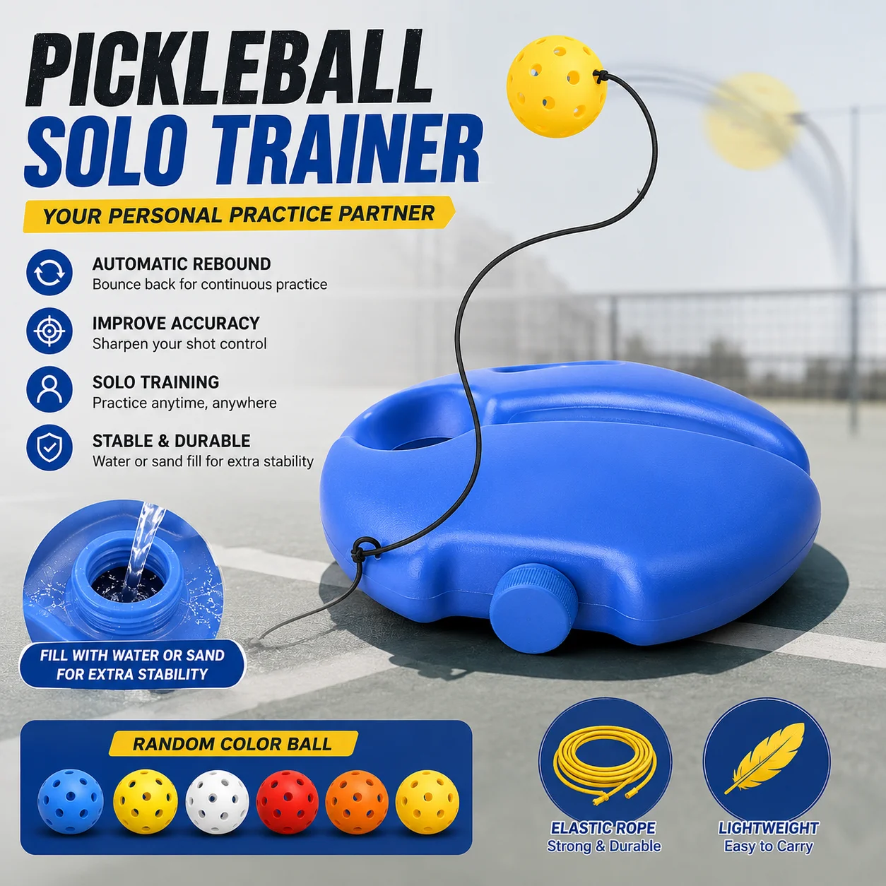Pickleball Solo Training Equipment with Rebound Ball, Elastic Rope and Stable Water Injection Base for New Players Practice