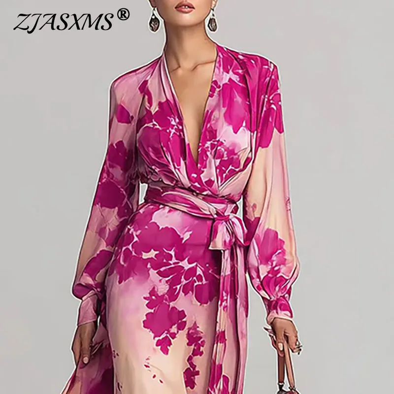 Frühlings-Laternenärmel Elegante Partykleider Damen Schickes Blumenmuster V-Ausschnitt Ausgeschnittenes Maxikleid Sommer Hochgeschnittenes Boho-Kleid mit Bindedetail