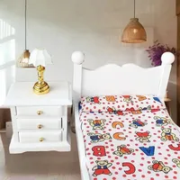1:12 Dollhouse Miniatures Wooden Single Bed Nightstand Set Model Doll House Bedroom Scene Decor Ornaments Pretend Play Toys DIY