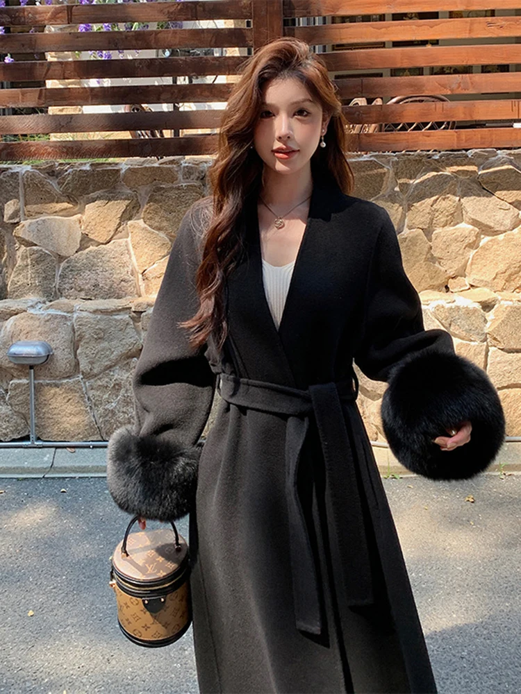 BZVW High-end Double Sided Woolen Coat Women's 2024 Winter New V-neck Fox Fur Cuffs Belt Gathered Waist Elegant Coats 25Z1226