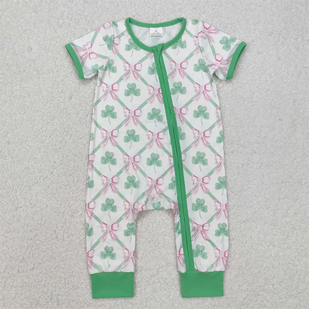 Wholesale Toddler St. Patrick's Day Short Sleeves Romper Kids Green Zipper Baby Girl Newborn Bows Coverall Children Bodysuit