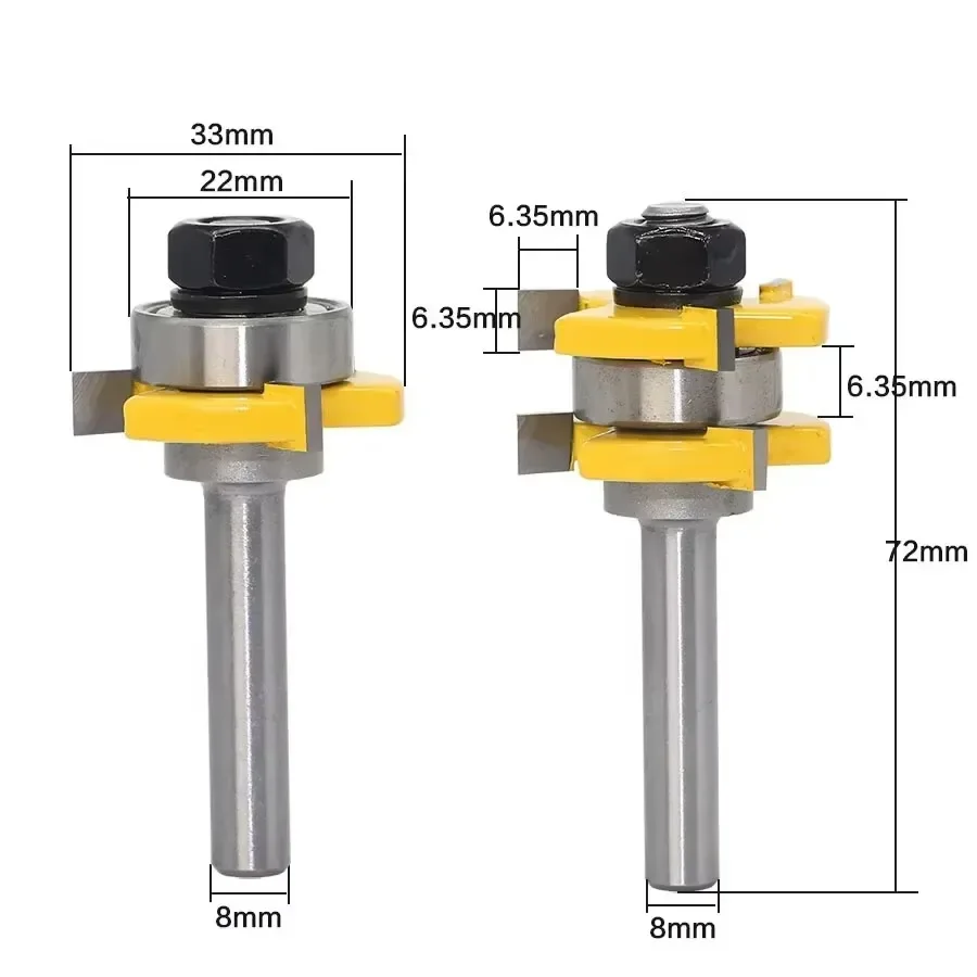2PC/Set 8MM Shank Milling Cutter Wood Carving Tongue & Groove Joint Assembly Router Bit Set 3/4