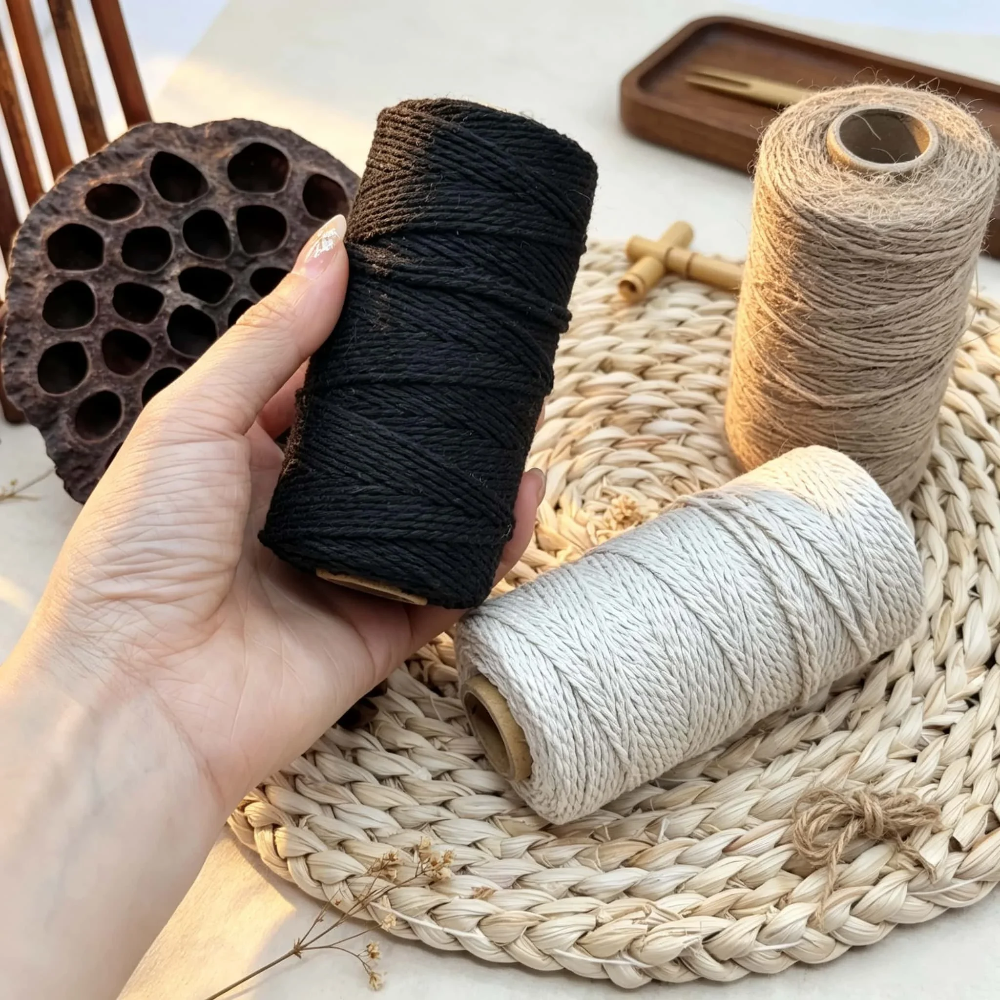 3Pcs Cotton Jute String Rope Set Black White Natural 100M Each for Wedding Gift Wrapping DIY Crafts Home Decor