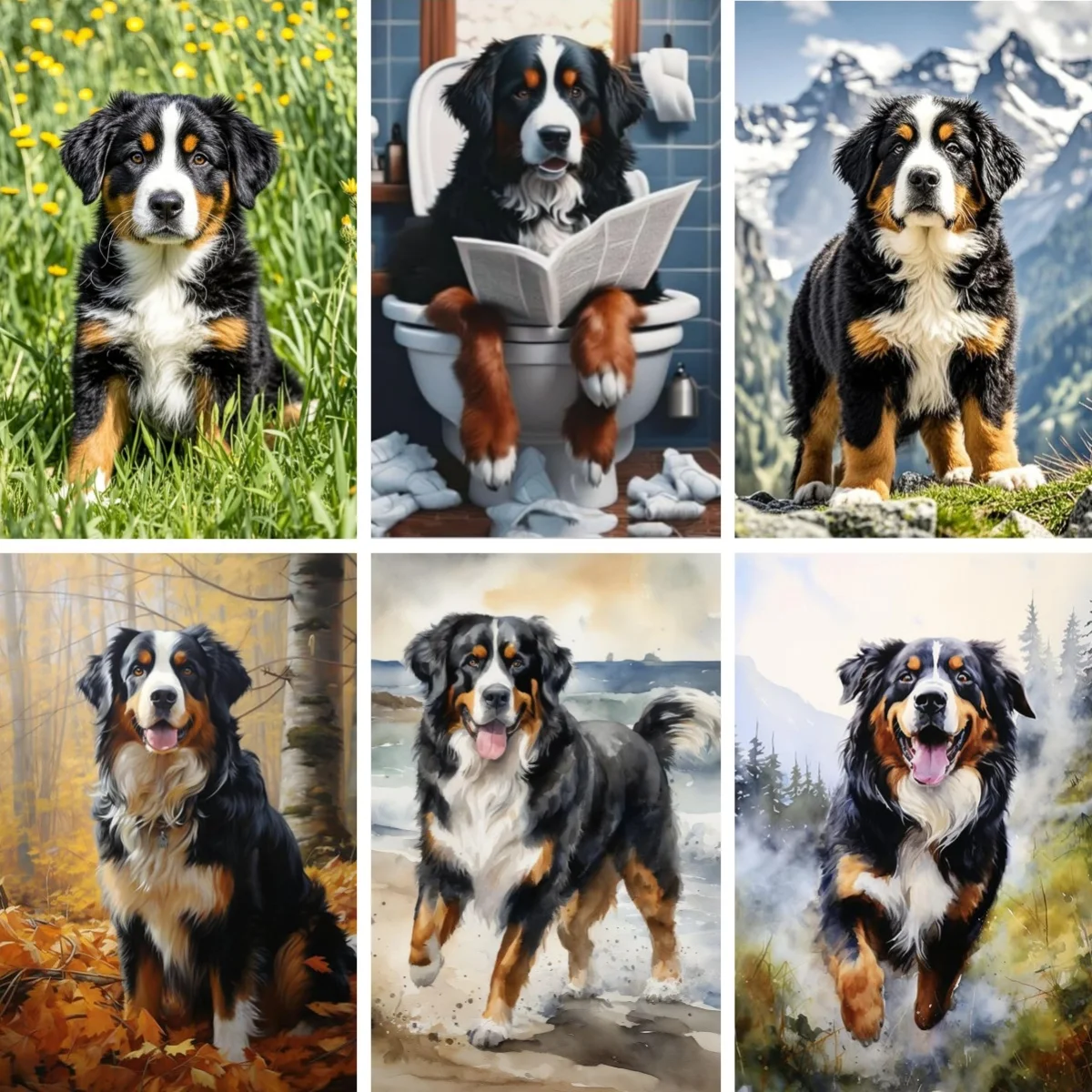 

DIY Diamond Mosaic Bathroom Diamond Painting KIts Bernese Mountain Dog on The Toilet and Reading Newspaper Embroidery Paintings