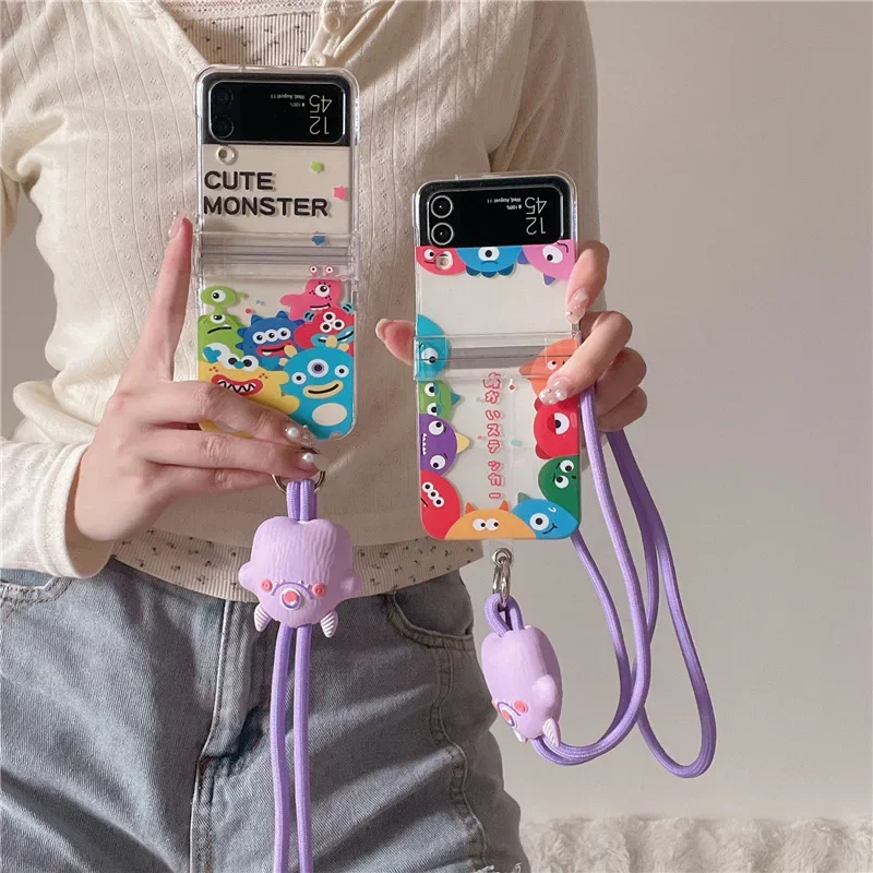Linda funda de teléfono con cordón Monster para Samsung Galaxy Z Flip 6 5 4 3, funda trasera protectora para ZFlip4 ZFlip5 ZFlip6