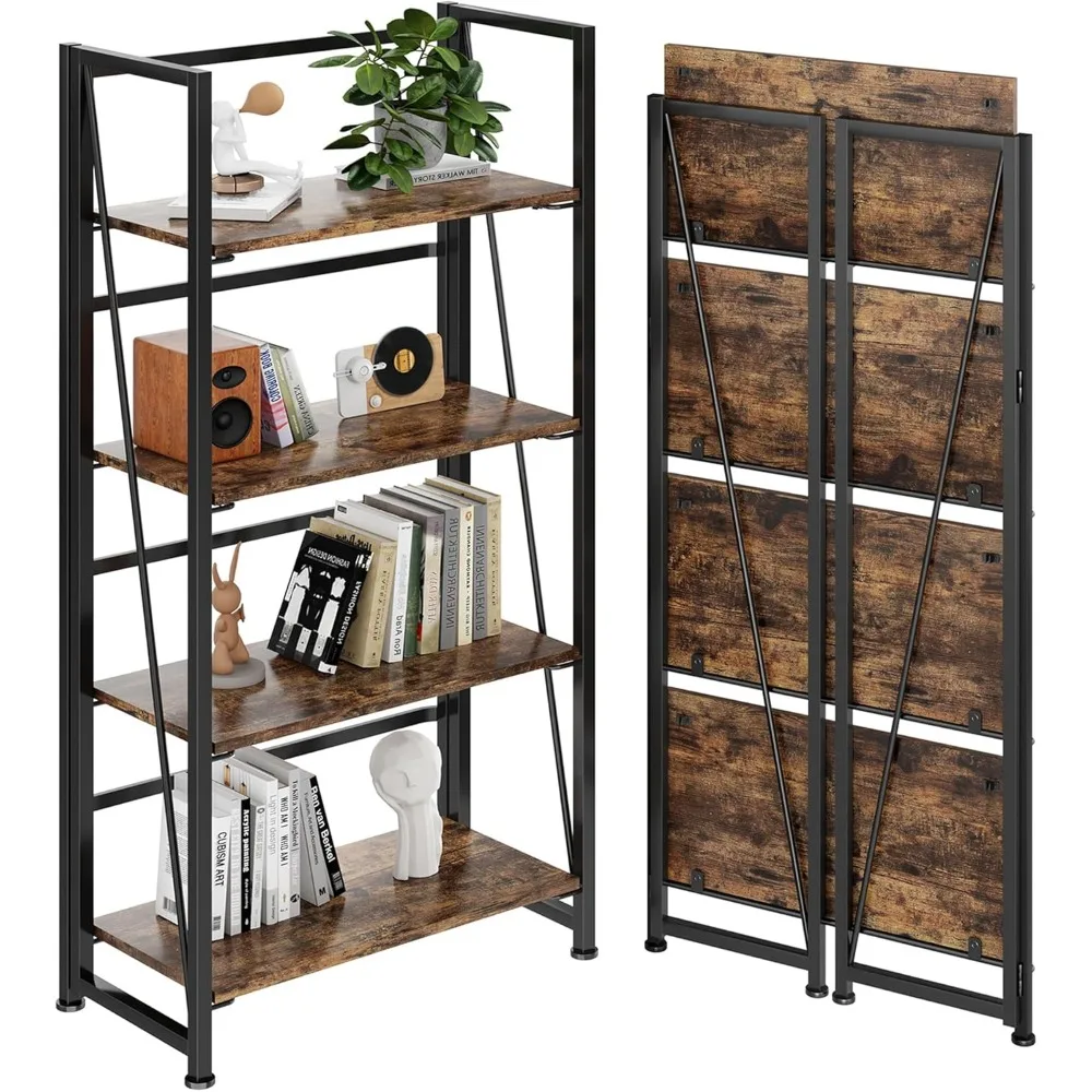 

Vintage Multifunctional Bookcase Folding Bookshelf, No-Assembly Plant Stand Storage Rack Shelves for Home Office (Fire, 4-Tier)
