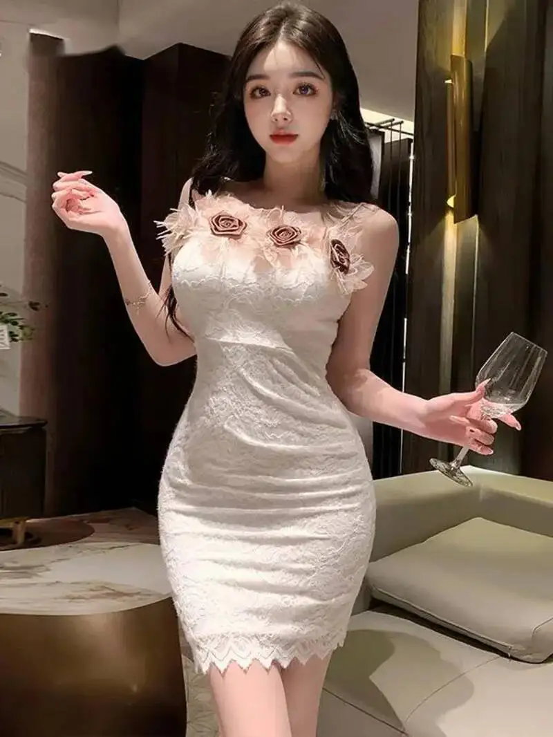 Sexy puro deseo ceñido al cuerpo vestido de encaje puro deseo camisón Sexy bata moda dulce Mini vestido 3D flor 2025 partes superiores nuevas UQF3