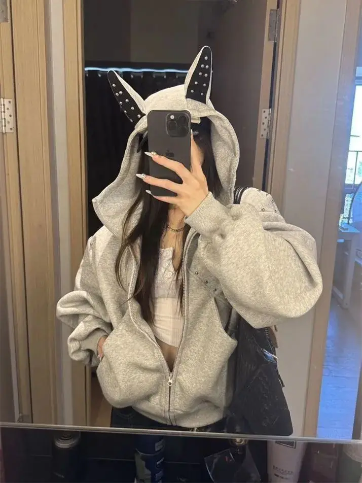 American Sle Ear Hooded Zipper Cardigan Sweatshirt Bla ort Thiened Fce Oberbekleidung für Damen Frühling 2026