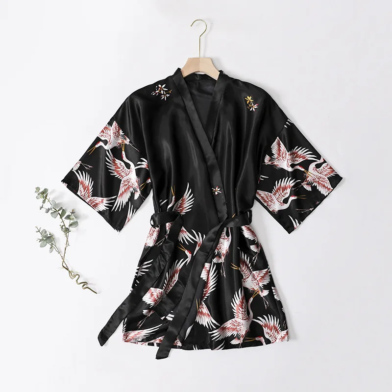 Crane Women's Short Robe Fashion Summer silk satin bridesmaid dressing gown nightgown Female kimono Printed Bathrobe Sleepwear