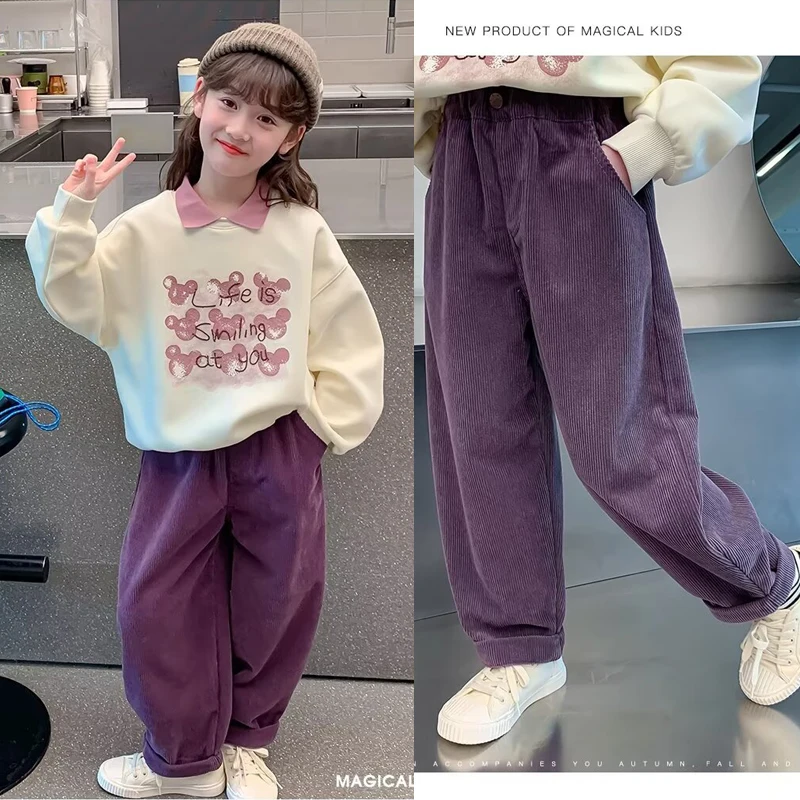 New Spring Autumn Casual Girls Pants Corduroy Straight Tube Style Trousers Fashion Sweet  Britches For 4-14 Years Kids