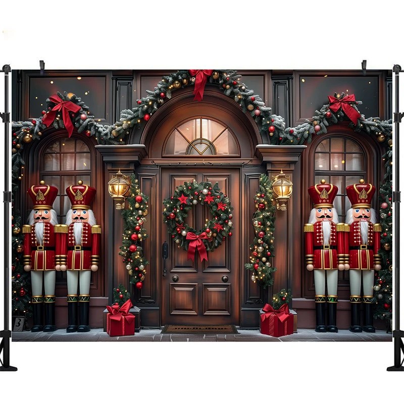 Weihnachten Spielzeugladen Fotografie Hintergrund Winter Weihnachten Holztür Nussknacker Dekor Urlaub Kinder Neugeborene Porträt Foto Hintergrund