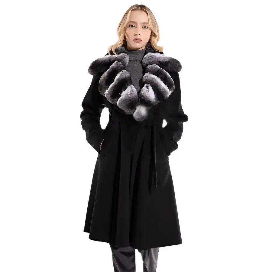 

Fur Coat Women Wool Coat With Real Rex Rabbit Fur Warm Long Wool Blends Jackets Fashion New Arrivals