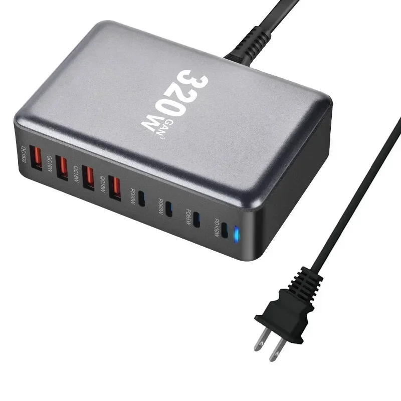 GaN-cargador de escritorio de 8 puertos USB tipo C, dispositivo de carga rápida 320, 3,0 W