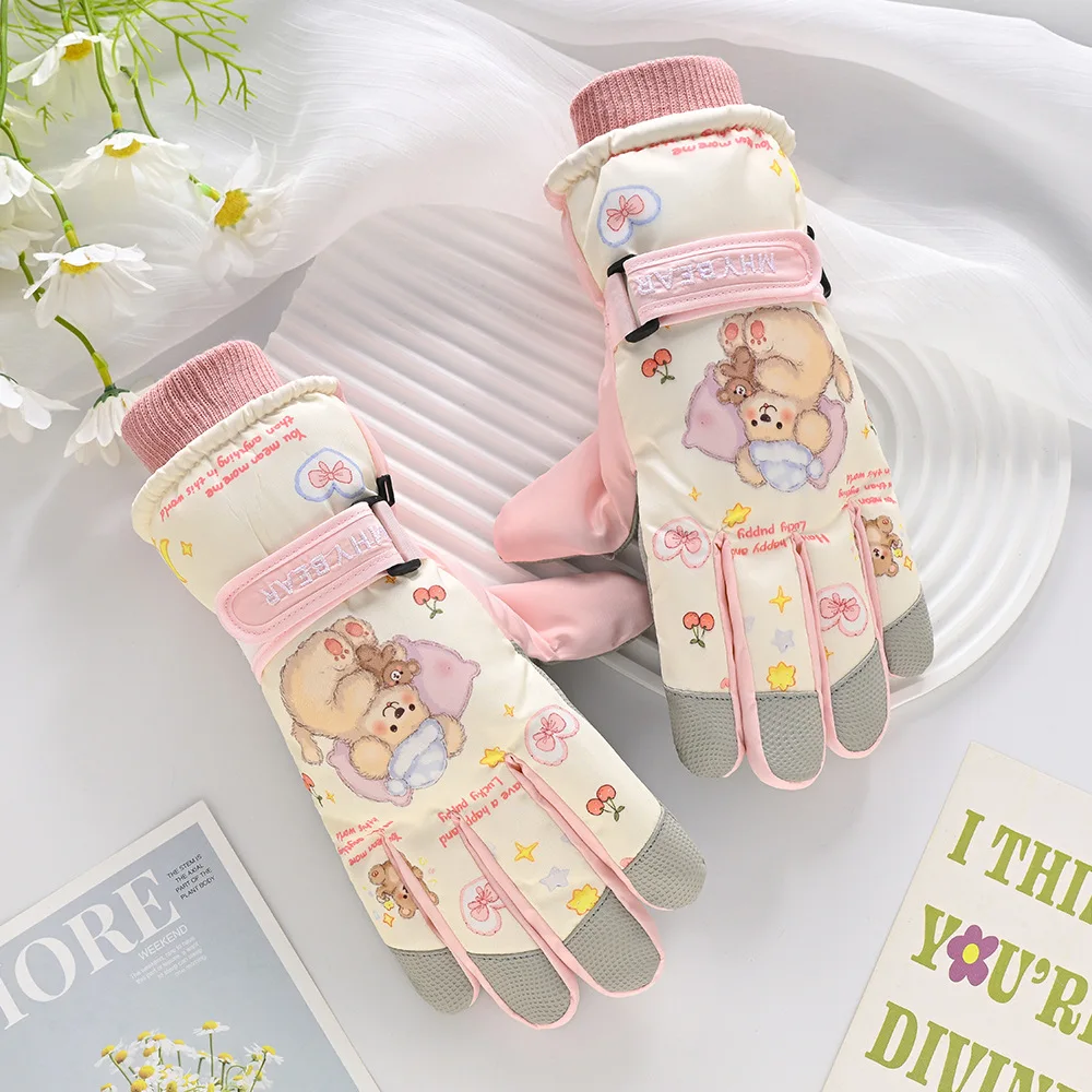 1 Pair of Winter Ski Gloves with Touch Screen, Fleece-Lined, Warm and Thickened, Water-Resistant, Cartoon Design, for Outdoor Snow Activities and Cold Protection