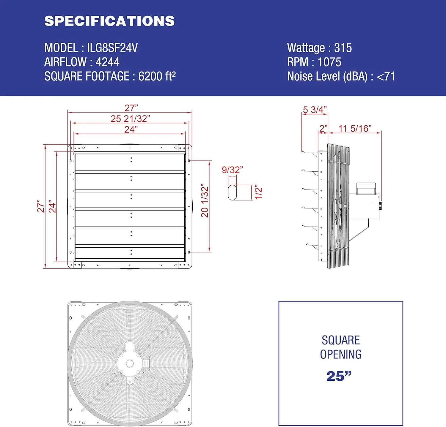 24" Wall Mounted Exhaust Fan Automatic Shutter Variable Speed Vent Fan for Home Attic Garage Ventilation Power Cord Not Included