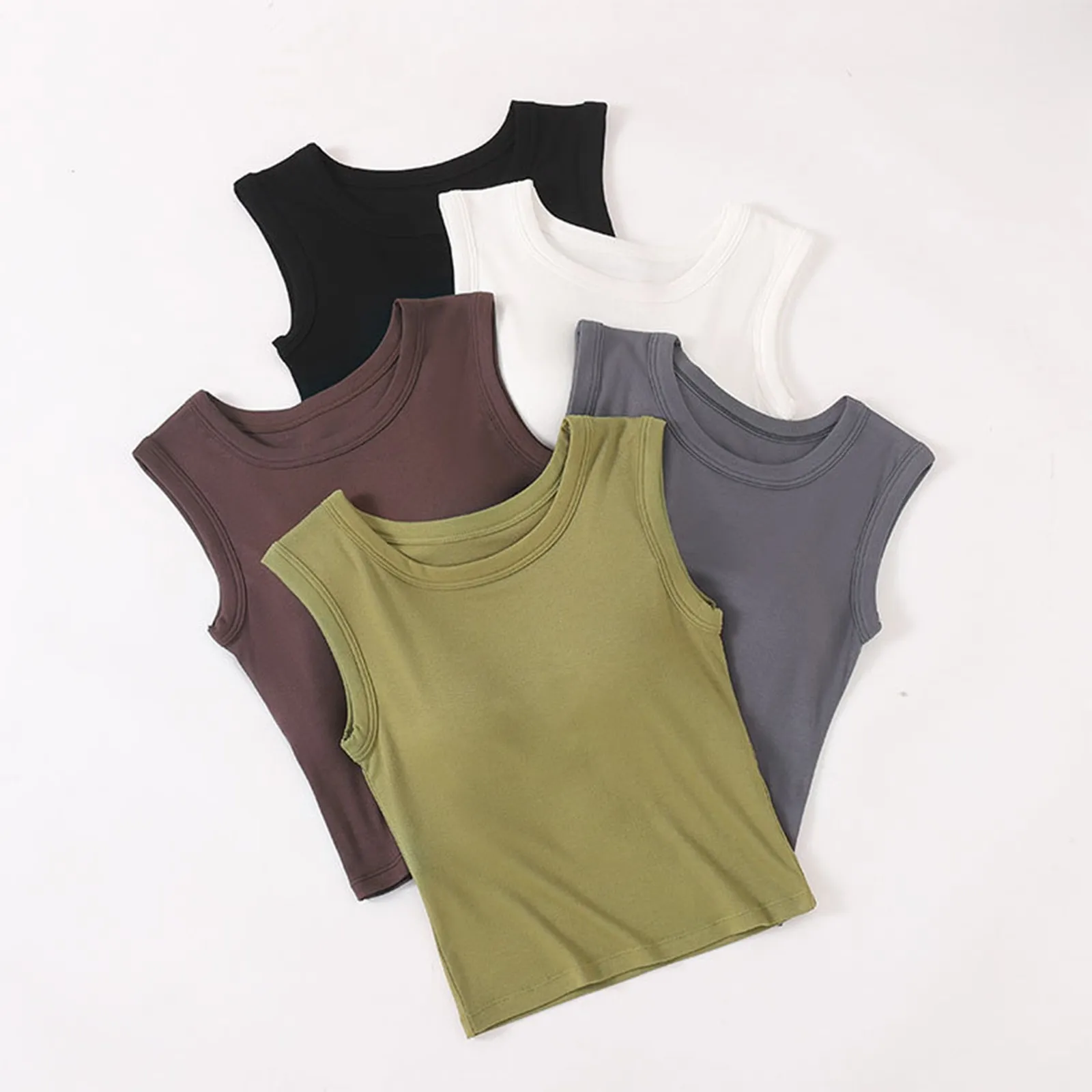 

Women Solid Color Wide Strap Tank Top Round Neck Sleeveless Casual Basic Daily Wear Tops Lady Summer Streetwear Breathable