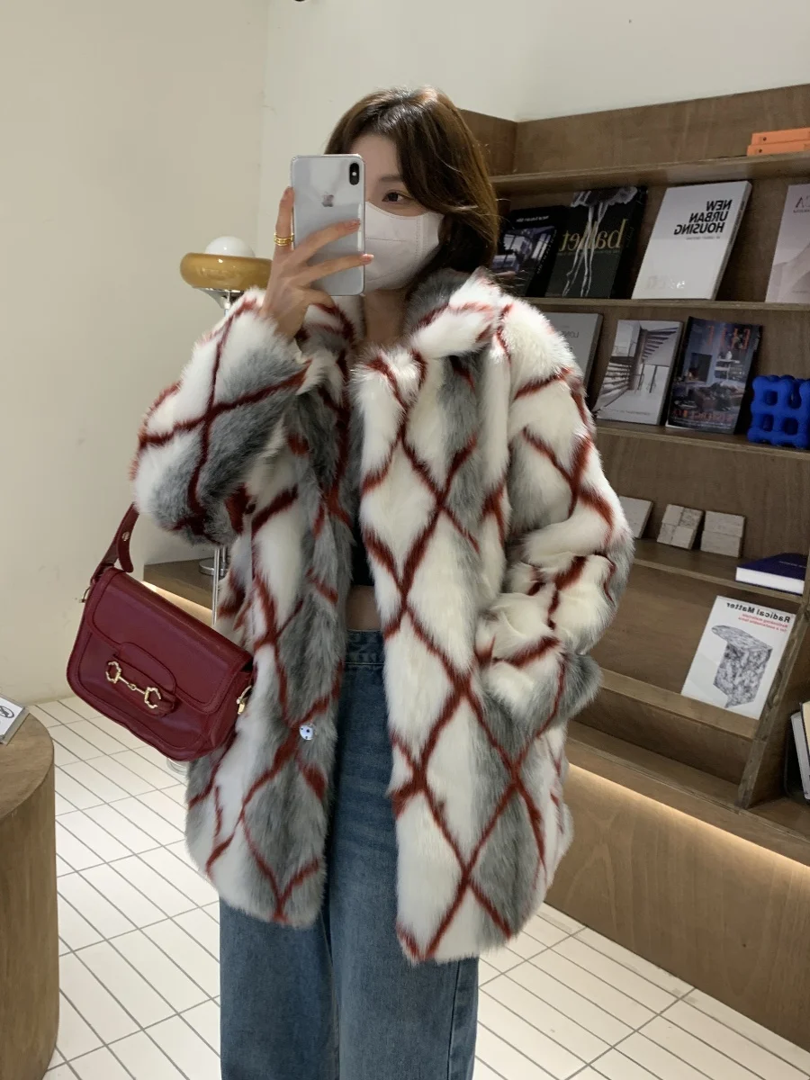 Stberry Wfle Patterned Artificial Fur Jaet Women's Eco-Friendly Fur Coat Warmth Universal Fit Long Sve Mid-Length