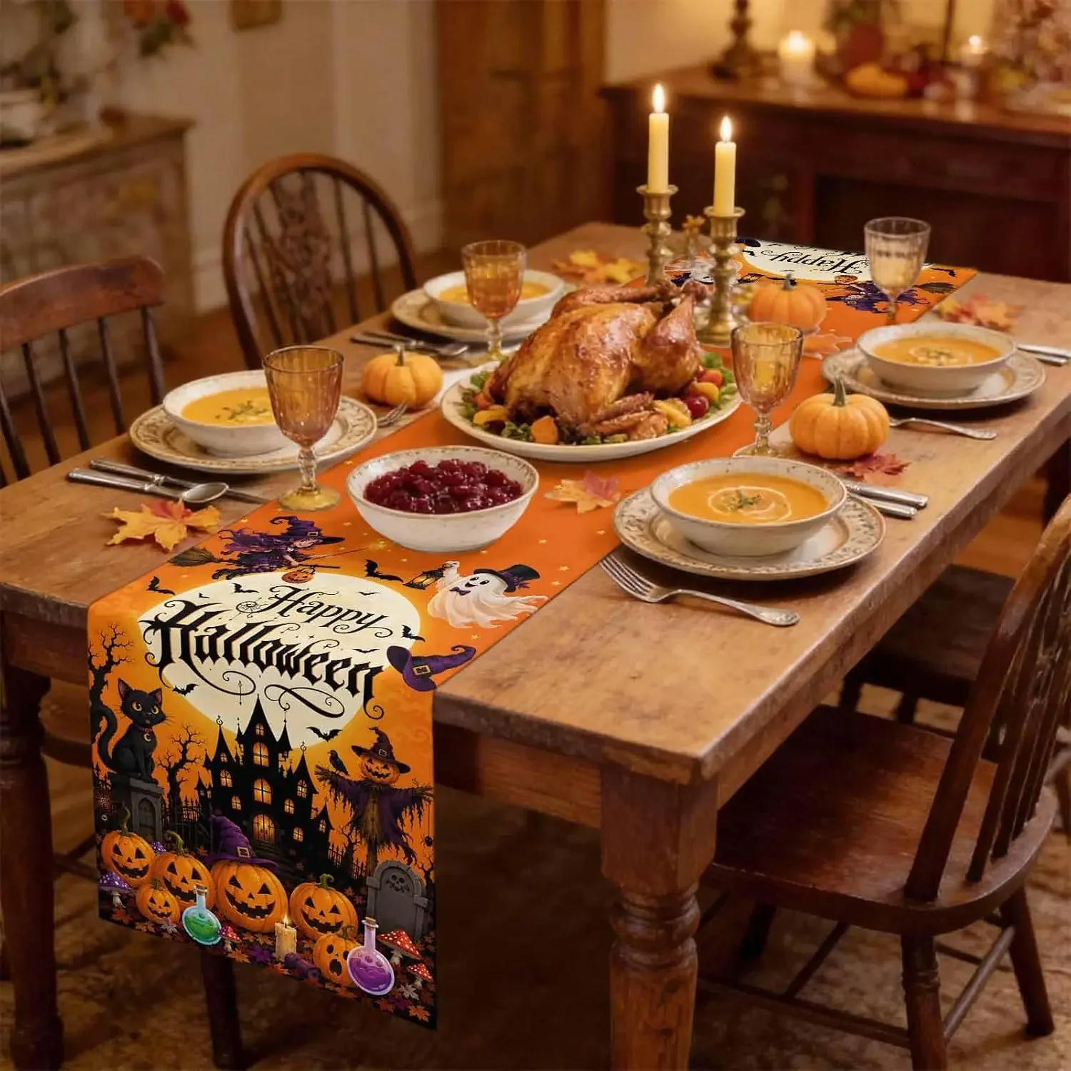 1Pc Halloween Style Table Runner Orange And Black Happy Halloween Text With Pumpkin Witch Ghost Castle Print Table Cover For Din