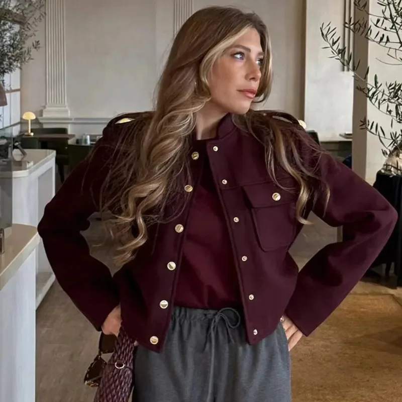 Vintage Soft Tweed Jacket Women Gold Single Breasted Half Collar Coat New 2024 Autumn Fashion Deep Burgundy Tops Lady Streetwear