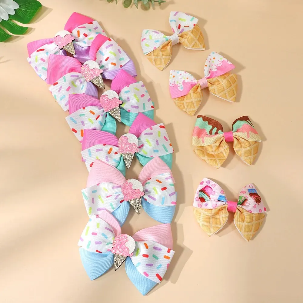 10PC of 5 Styles Cute Ice Cream Bow Hair Clips Grosgrain Ribbon Hair Clips for Girls Kids Hair Accessories Headwear Hair Pin