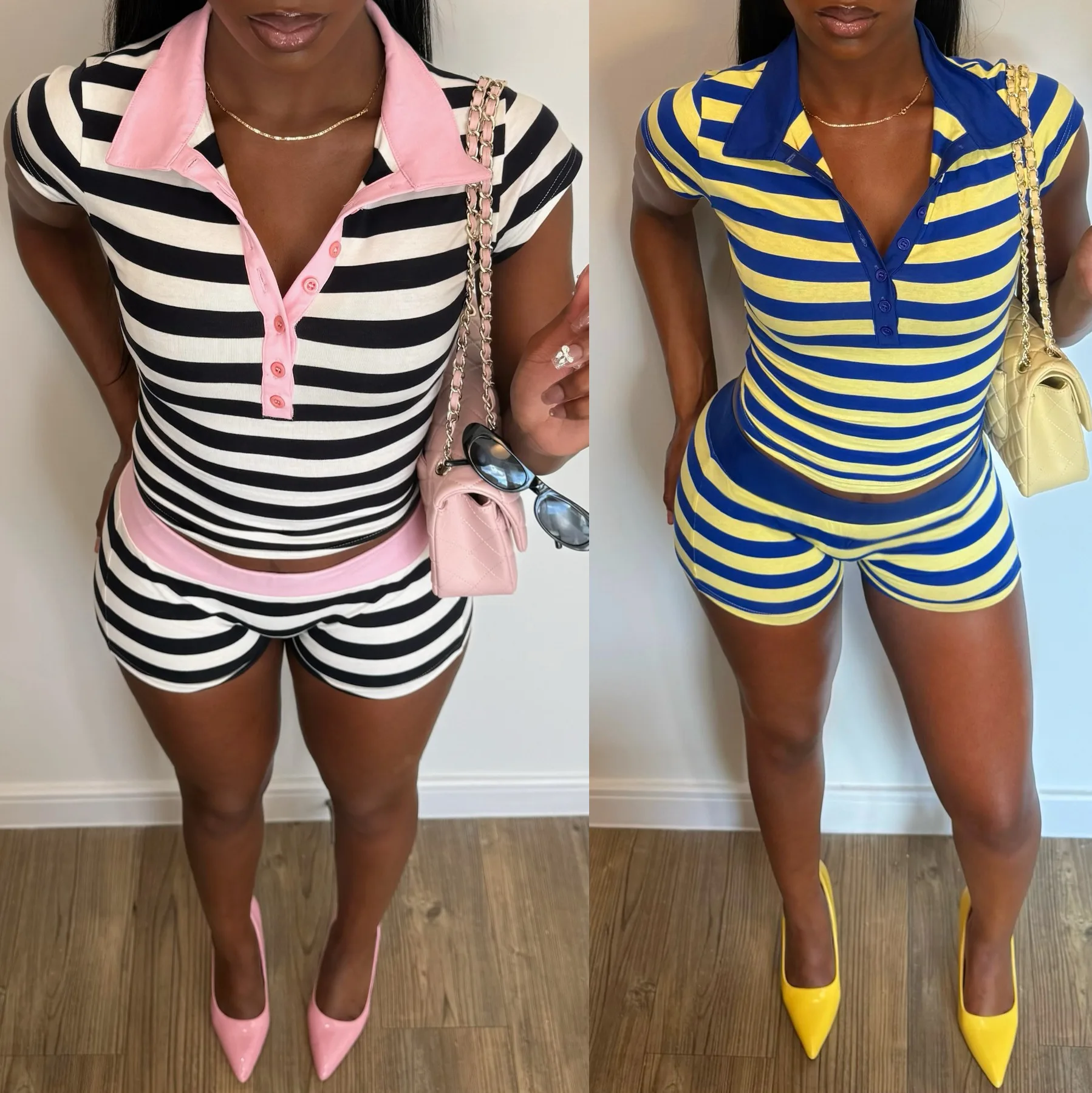 Pant Set Women Two Piece Sets Polo Collar Shirt Striped Short Pants Elastic Waist Y2k Streetwear Elegant Slim Fit Casual Summer