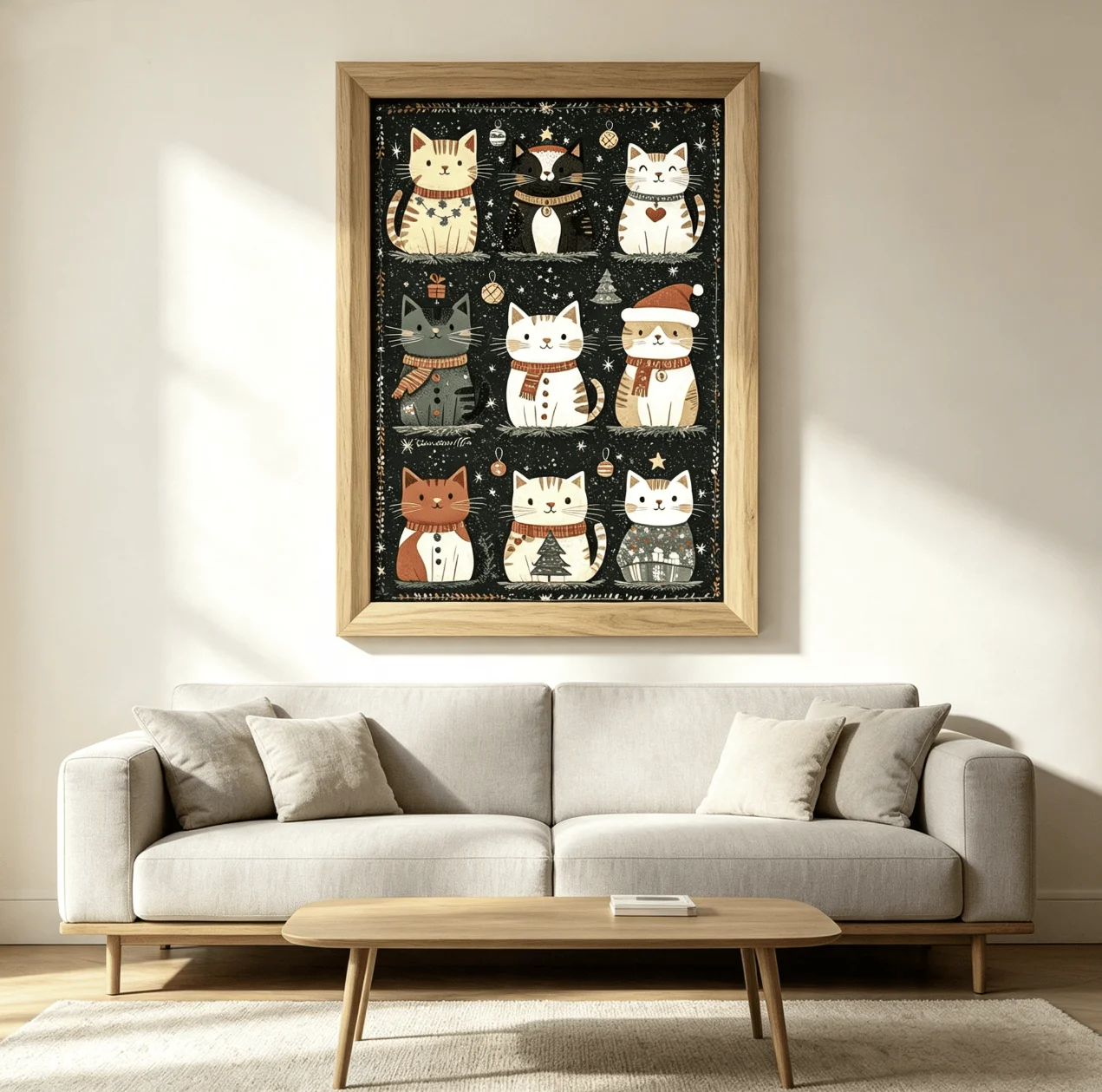 Cute Christmas Cats Collection Wall Art Canvas Prints Posters, Cartoon Kitty, Holiday Living Room Farmhouse Home Decor