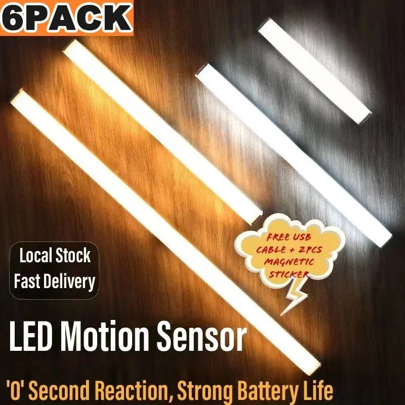 

Motion Sensor LED Under Cabinet Lamp Dimmable Rechargeable Night Light Stairs Closet Room Aisle Tube Bar Detector Bulb