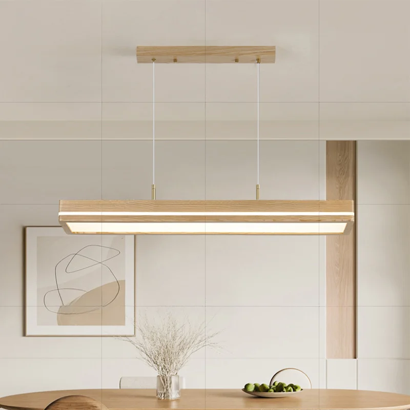 Wooden style restaurant pendant light, white wax wood long strip full spectrum eye protection study pendant light