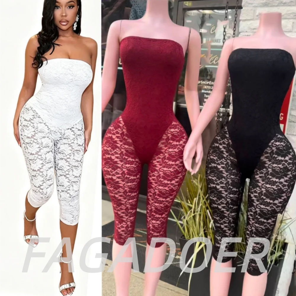 

FAGADOER Sexy Lace See Through Bodycon Jumpsuits for Woman Sleeveless Backless Rompers Hot Girl Solid Color Streetwear Overalls