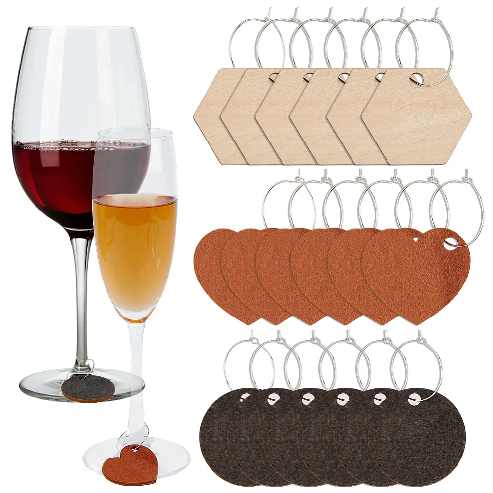 1 Box 60Pcs Blank Wood Wine Charms Wine Glass Charms 60Pcs Metal Round Rings Wooden Round Heart Name Tags Labels Cup Identifiers