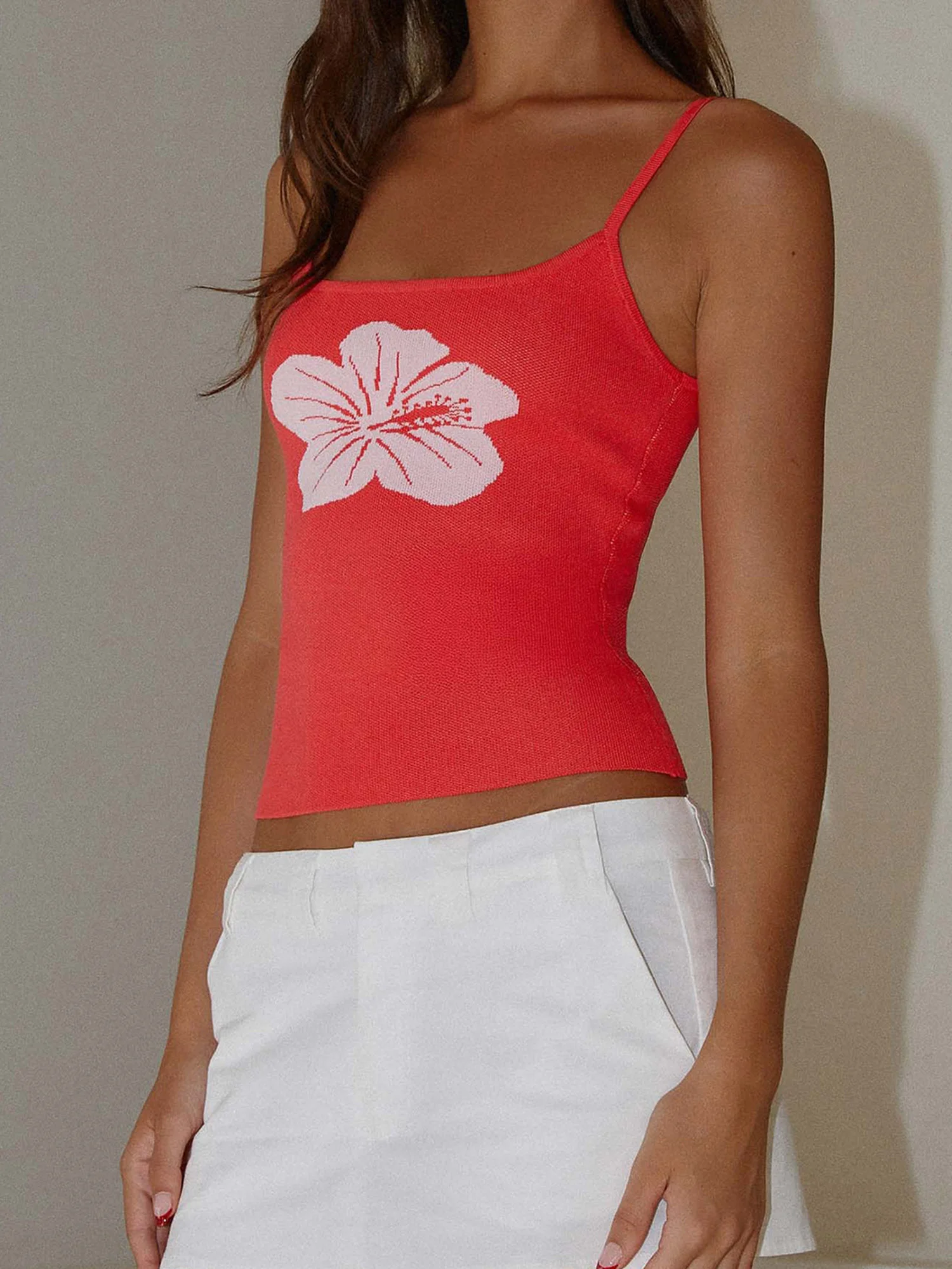 Canotta da donna in maglia senza maniche con spalline e vestibilità con stampa floreale - Elegante canotta corta estiva