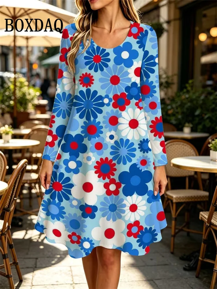 2026 Autumn Dresse For Women Loose Plus Size Long Sleeve Dress Casual Women's Fashion O-Neck Flowers 3D Print Dress 6XL Vestidos