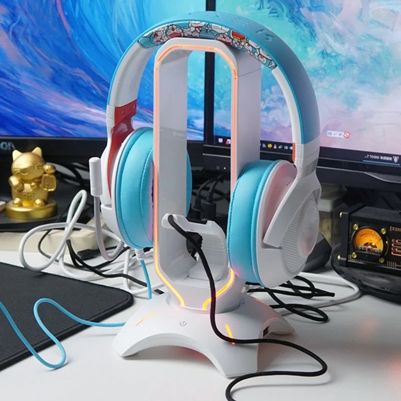 RGB Gaming Headphone Stand Computer Headset Stand Holder Desktop Display Luminous with 2 USB Ports for Gamers Gaming Earphone