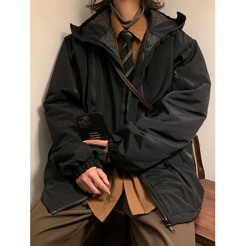

Thickened Winter Cotton Jacket for Men with Hood Youth Casual Style Retro Hong Kong Style Street Fashion Pure Color Zipper
