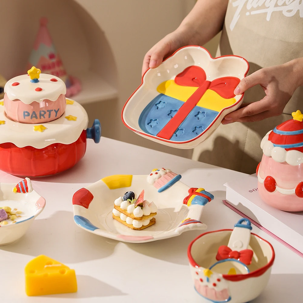 Cartoon 3D Cake Relief Ceramic Bowl and Dish Home Kitchen Tableware Set Carnival Theme Dessert Plates Dinnerware Birthday Gift