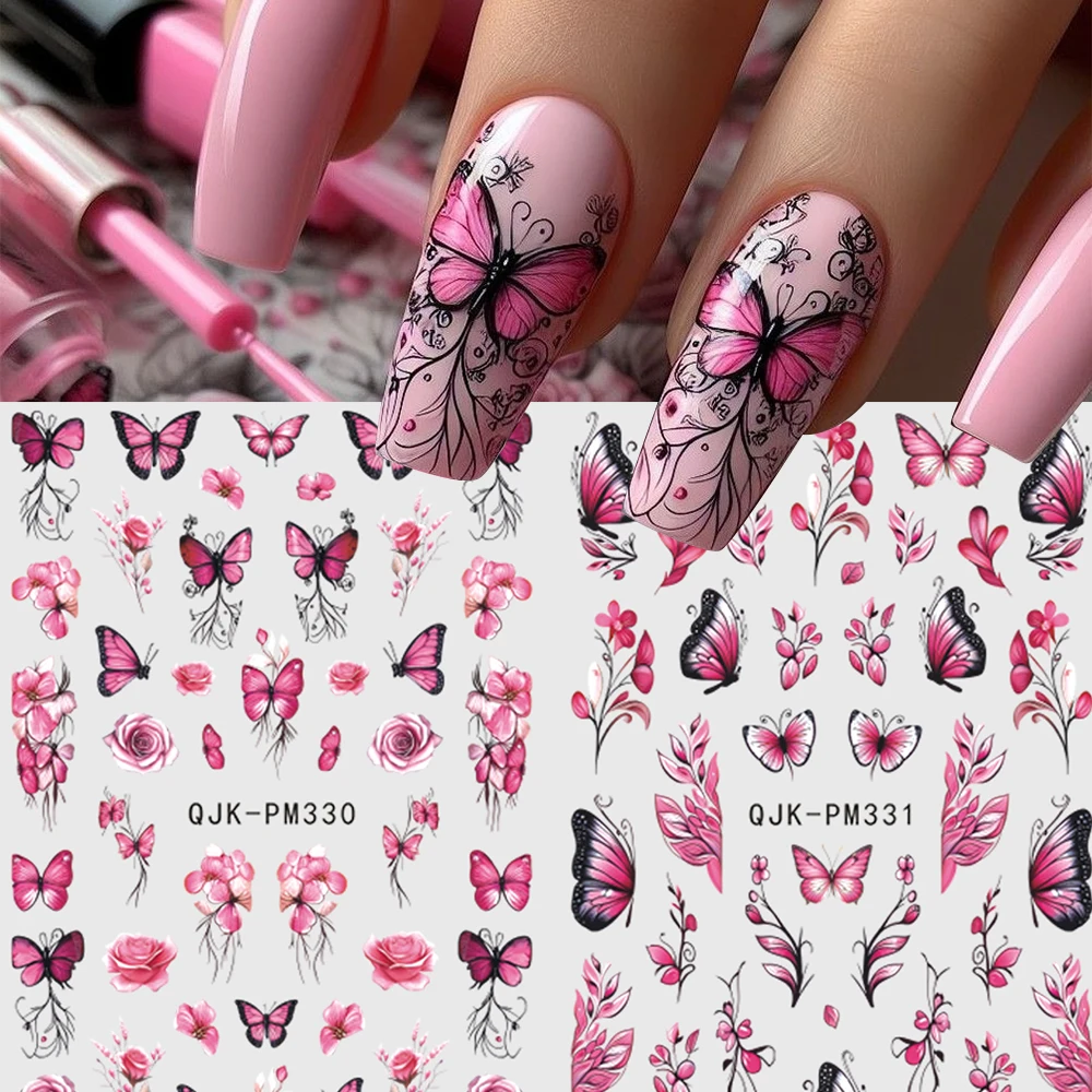 2pcs Spring Cherry Flowers 3D Nail Art Stickers Pink Butterflies Flowers Leaf 3D Nail Decals DIY Manicure Decorations Nail Tips