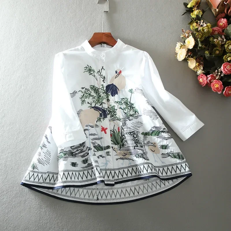 Women's Spring Summer A-Line Embroidery Vintage Shirt Female Casual Loose Cotton Tops Blouse