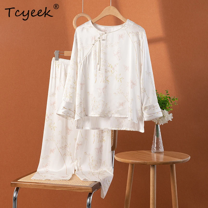 

Tcyeek, 100%Real Silk Pajama Set, Women Long Sleeve Pants, Floral Print Comfortable Retro Homewear, 2024 Summer Fall S45066QC